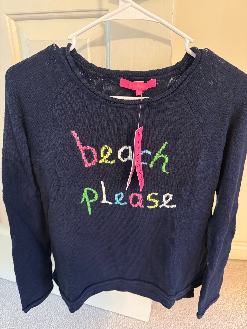 Lilly Pulitzer Navy "Beach Please" Danette Sweater with Multicolor Embroidery